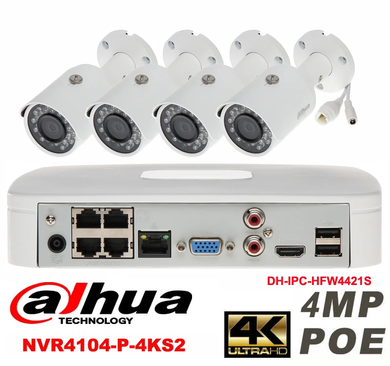 

Dahua original 4CH 4MP H2.64 DH-IPC-HFW4421S 4pcs bullet Waterproof camera POE DAHUA DHI-NVR4104-P-4KS2 IP security camera kit