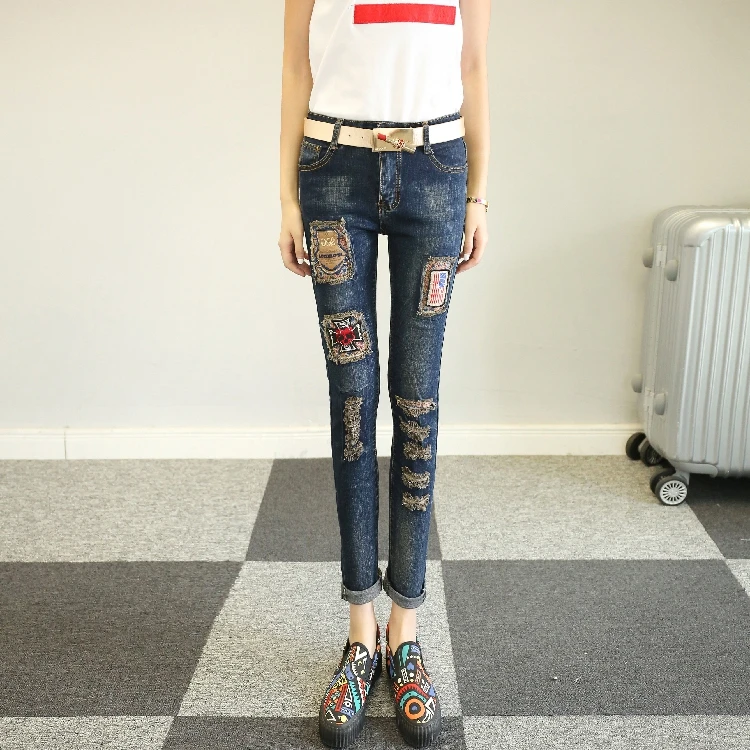 Женские узкие джинсы с дырками синие джинсовые длинные брюки брюки-карандаш