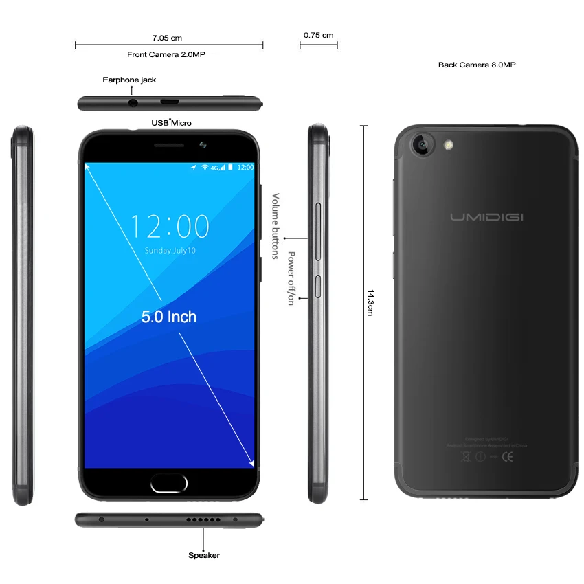 UMIDIGI G 4G Смартфон Android 7 0 MTK6737 четырехъядерный 5 дюймовый экран сотовый телефон 2G ram
