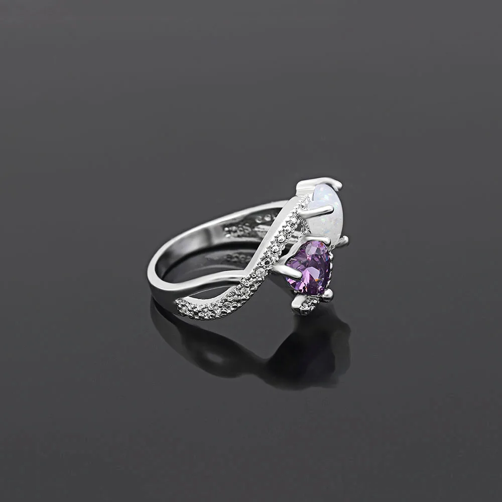 Женское кольцо с фианитом Love Opal фиолетовое Кристальный в виде сердца белым