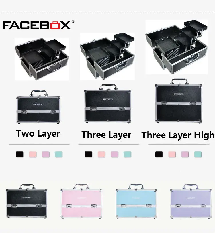 Цветной чехол для ногтей Facebox коробка макияжа с подносом алюминиевый шлейф