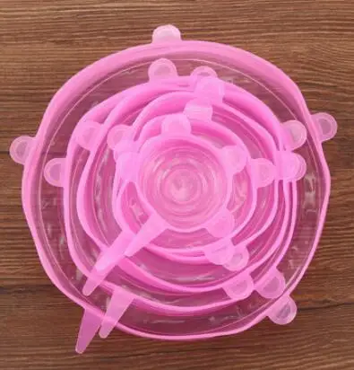 Pink 6 шт Силиконовые эластичные многоразовые крышки, пищевая обертка, миска, миска, тарелка, силиконовая крышка, универсальная крышка для фруктов, еды, свежий кухонный инструмент - Цвет: Pink