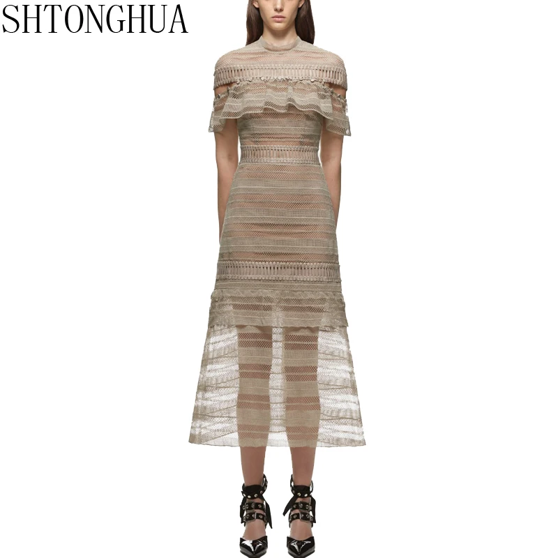 Женское длинное кружевное платье SHTONGHUA подиумное винтажное облегающее