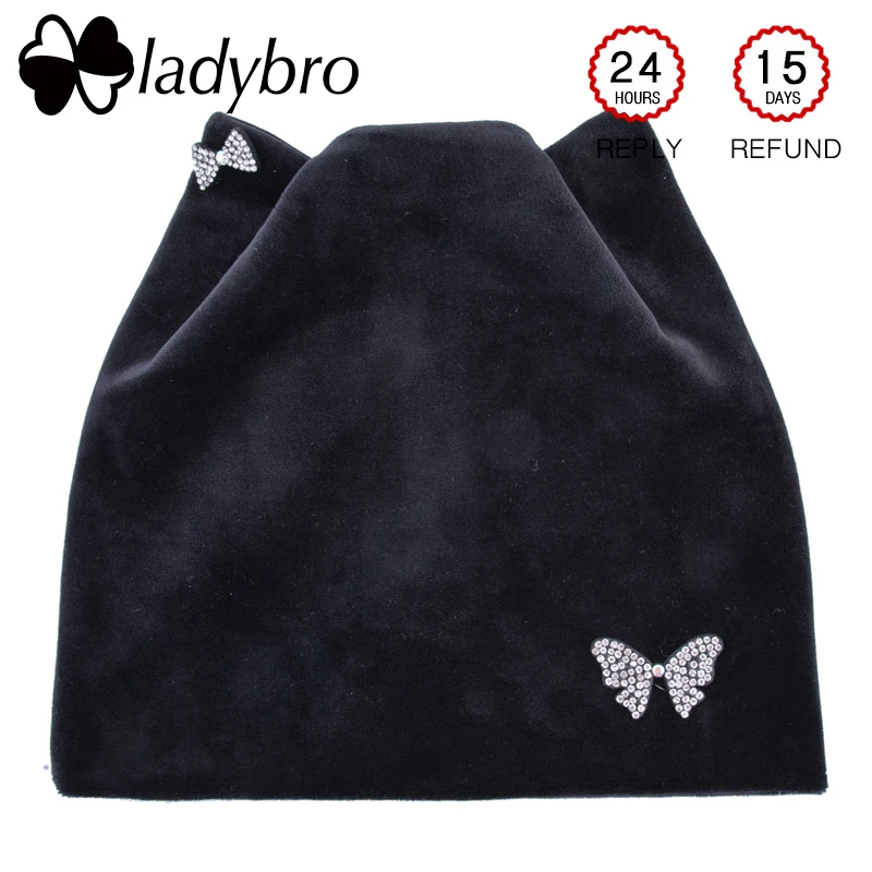 

Зимняя шапка Ladybro с бантом, блестящая, теплая шапка с котом, шапки с ушами, женские шапки-бини, шапки-бини, женские шапки из бархата