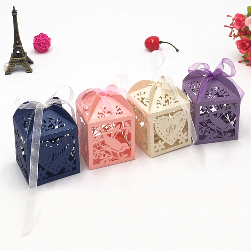 50 шт. лазерная резка полое сердце птица Свадебные Сувениры Коробка подарок