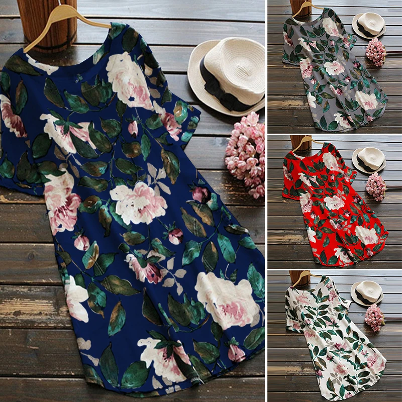 ZANZEA, женское льняное платье, элегантное, с цветочным принтом, мини, Vestido, короткий рукав,, летние платья, негабаритные, для работы, vestidos, robe Femme