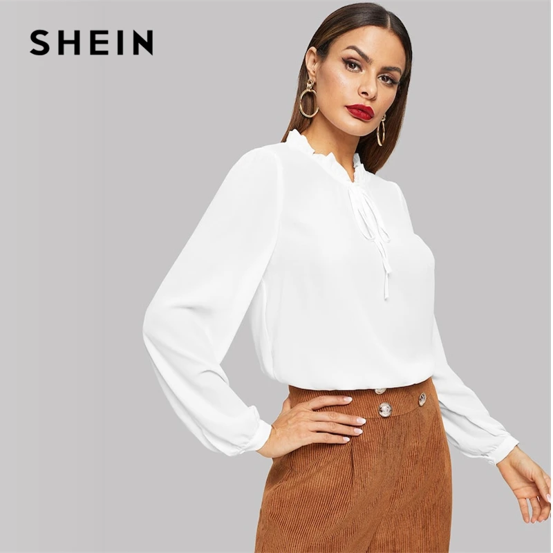 SHEIN Нарядная Однотонная Блузка С Длинным Рукавом, Офисная Блузка С Оригинальным Воротником