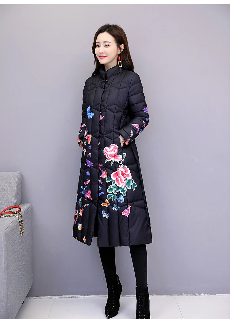 Повседневная Длинная женская куртка размера плюс, 4XL,, китайский национальный стиль, парка, хлопковое зимнее пальто, женское винтажное пальто с принтом, A583