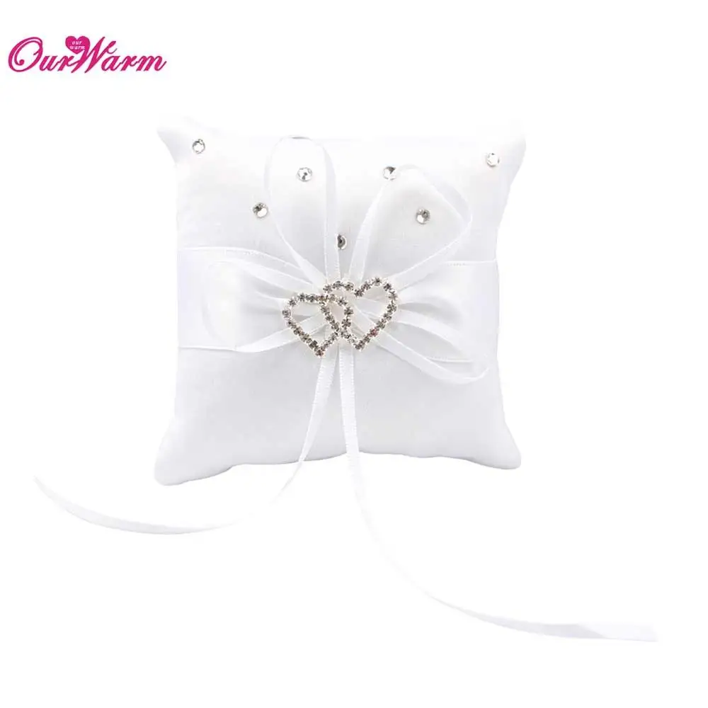 white Ourwarm 20*20 см обручальное кольцо Подушка Двойное сердце и Стразы Декор атласная Свадебная Подушки несущей с Ленты Свадебные украшения - Цвет: white