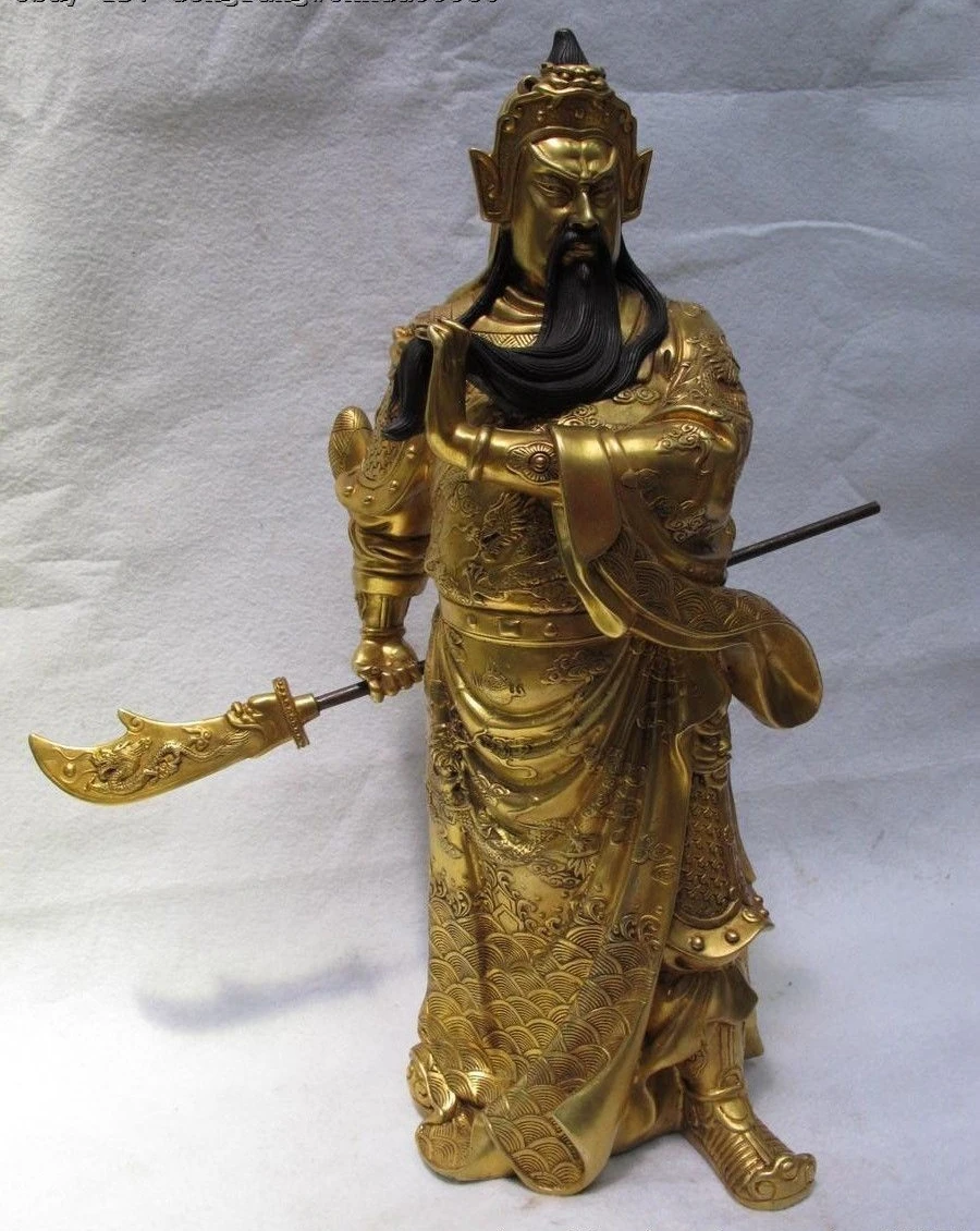 Китай Фиолетовый Бронзовый 24K золотой Guan Gong Yu воин держать дракона меч статуя |