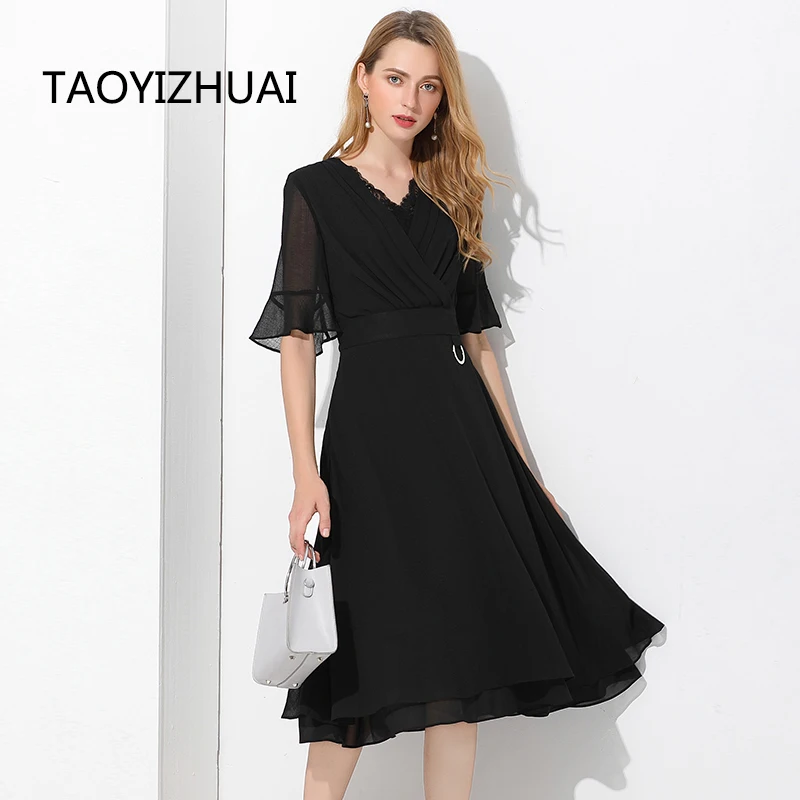Женское кружевное платье TAOYIZHUAI черное Повседневное с рукавом-бабочкой и