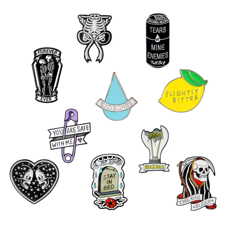

Enamel Pins Badges Cans Bulb Paper clip Lemon Tears Grim reaper Tombstone Coffin Ribcage Skull Brooch Pin for Women Men Kids