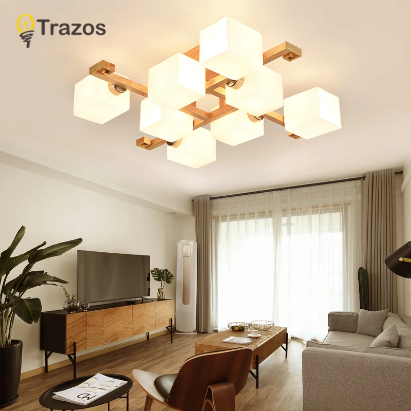 Lámparas de araña Led modernas de madera, para sala de estar, dormitorio de niños, candelabro de techo cuadrado, accesorio moderno