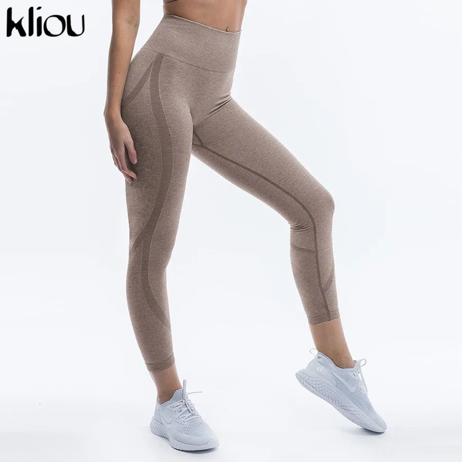 Kliou Новые женские модные длинные облегающие эластичные однотонные спортивные леггинсы штаны с полосками на высокой талии