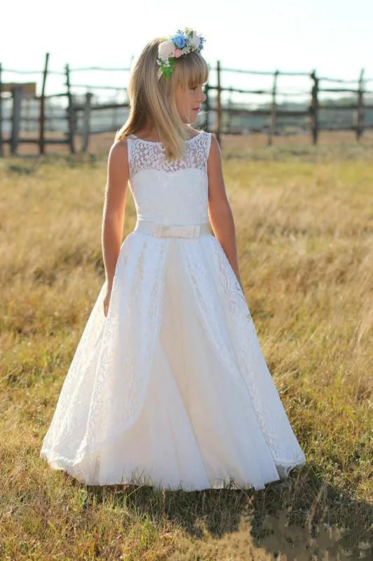 New Little Girls White Ivory First Communion Dress with Sash Crew Neck Sheer Lace Flower Girl for Wedding Birthday Gown | Детская одежда