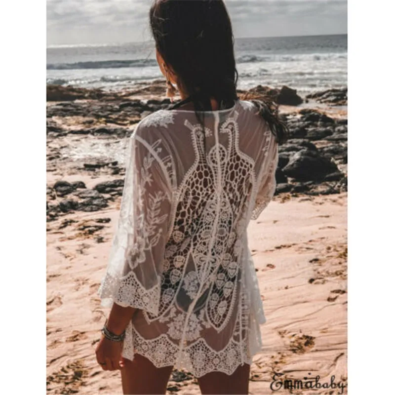 Женское трикотажное пляжное платье белое туника с длинным рукавом 4 варианта