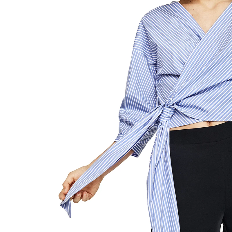 Синий белый тонкими полосками завязанный асимметричный хлопок смесь рубашки