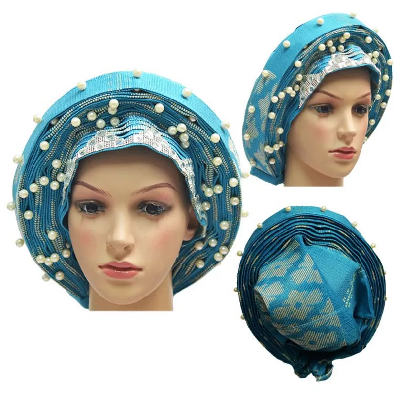 turquoise blue Африканский Авто геле головной убор для свадьбы 019 ASO OKE геле головной убор вышивка с бисером - Цвет: turquoise blue
