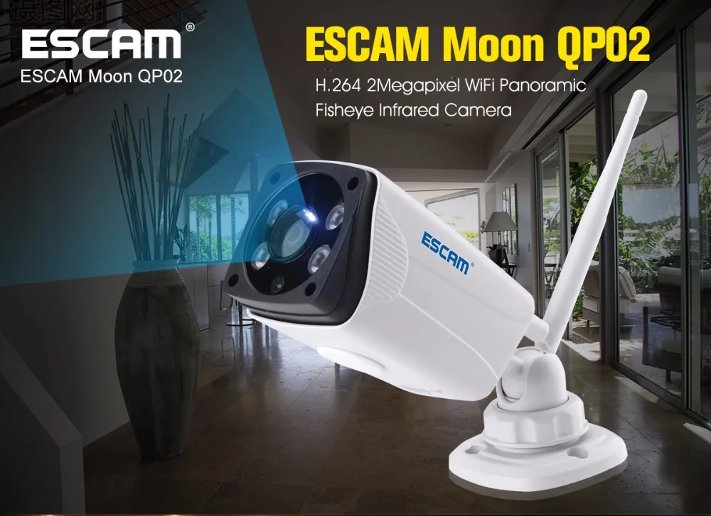 Escam Moon QP02 2MP HD 1080P Wi-Fi камера с сигнализацией, наружная цилиндрическая IR-Cut ip-камера с разрешением 180 градусов, поддержка Макс 64 ГБ, TF карта