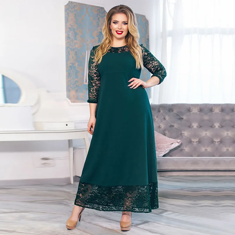 5XL 6XL 2019 женское кружевное платье осеннее длинное элегантная женская одежда