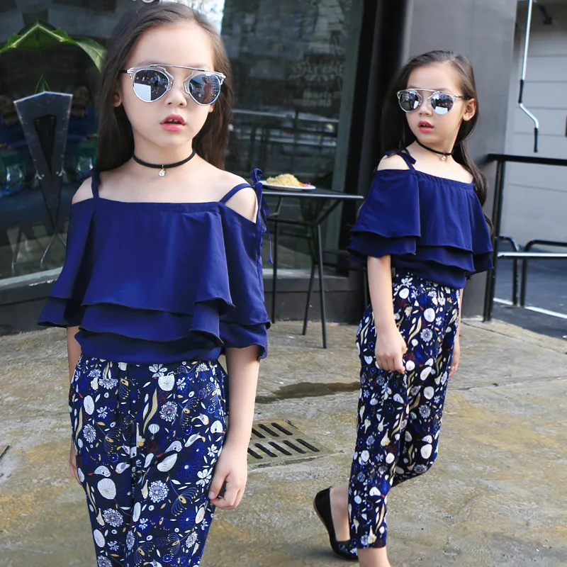 

4-14t 2017 Big Girls Shoulderless T-shirt + Floral Pants Suit Children Girl Fashion Clothes Sets Summer Wear Free Ship