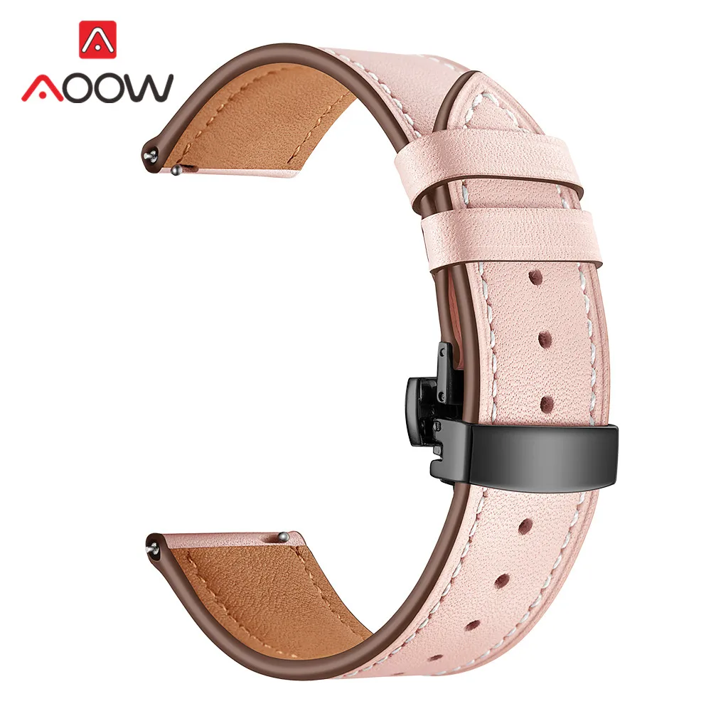 Pink black 20 мм 22 мм ремешок из натуральной кожи для samsung Galaxy Watch Active 42 мм 46 мм Бабочка Пряжка браслет ремешок аксессуары - Цвет ремешка: Pink black