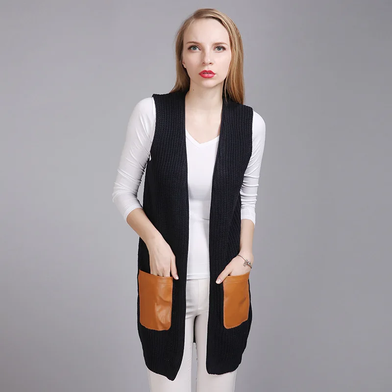 Joy Capita European Long Sweaters 2017 Knitted Women Sleeveless Patchwork Cardigans Casual Plus Size Sweater |