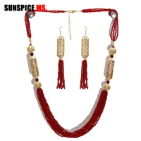 sunspice ms fashion engagement wedding jewelry sets african beads bridal long necklace tassels dangle earrings dubai gold color