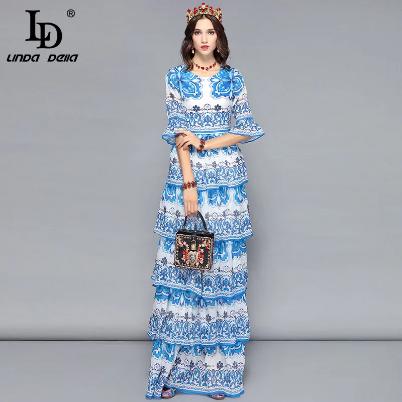 Многоцветный LD LINDA Делла, женское длинное платье макси, Многоярусное, синее и белое, с цветочным принтом, повседневное, праздничное, праздничное, элегантное платье для вечеринок - Цвет: Многоцветный