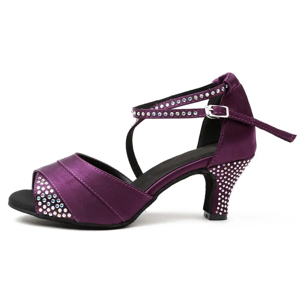 Purple 6cm Новинка; обувь для латинских танцев; стразы для женщин и девочек; атласная обувь для танцев в помещении; обувь для танго и сальсы на каблуке; Прямая поставка - Цвет: Purple 6cm