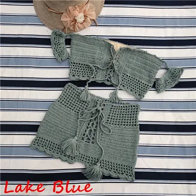 baby blue 12 цветов, модный пляжный комплект бикини, вязаный купальник, вязаный крючком, в богемном стиле, с открытыми плечами, кисточки ручной работы, сексуальное бикини - Цвет: baby blue