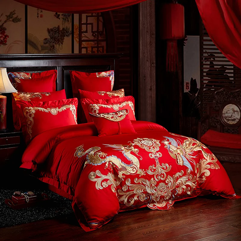 Роскошный комплект постельного белья из 100% хлопка красного цвета в свадебном