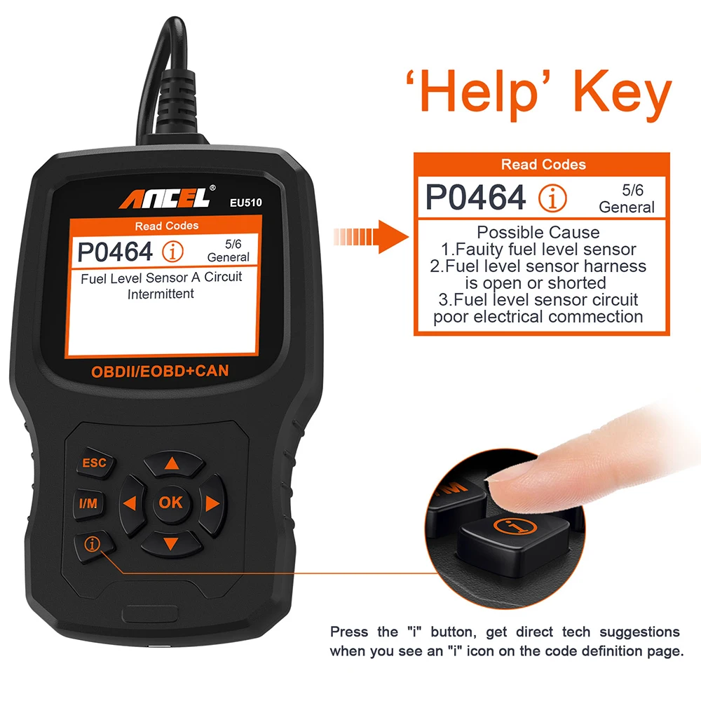 Ancel EU510 OBD2 сканер для Citroen, peugeot, renault 15 язык код двигателя ридер OBD ODB2 автомобильный диагностический инструмент
