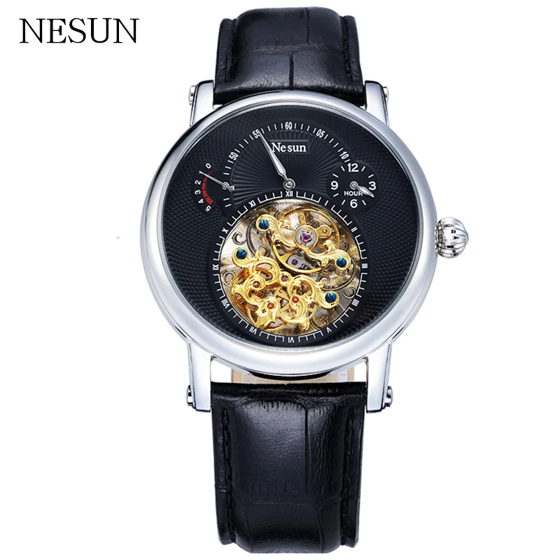 NESUN Роскошные Брендовые мужские полые Tourbillon автоматические механические наручные часы мужские сапфировые водонепроницаемые Relogio Masculino - Цвет: BlackLeather