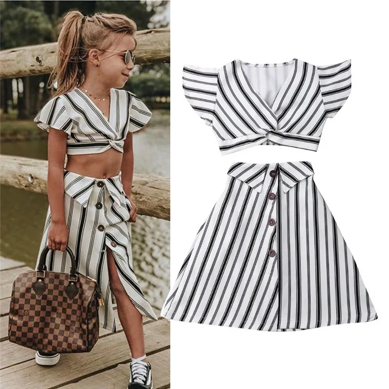 

Emmababy Hot Sale 2Pcs Set Kid Girl Clothes Black White Striped Short Sleeve V-Neck Tops Button Elastic High Waist Skirt Outfits
