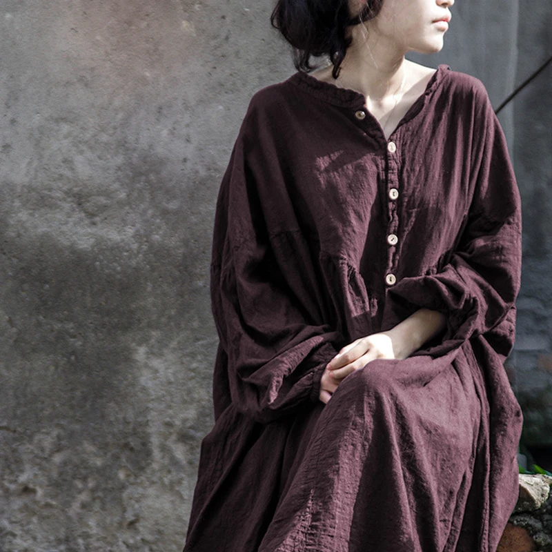 Платье женское длинное льняное с воротником стойкой и рукавами фонариками|lantern