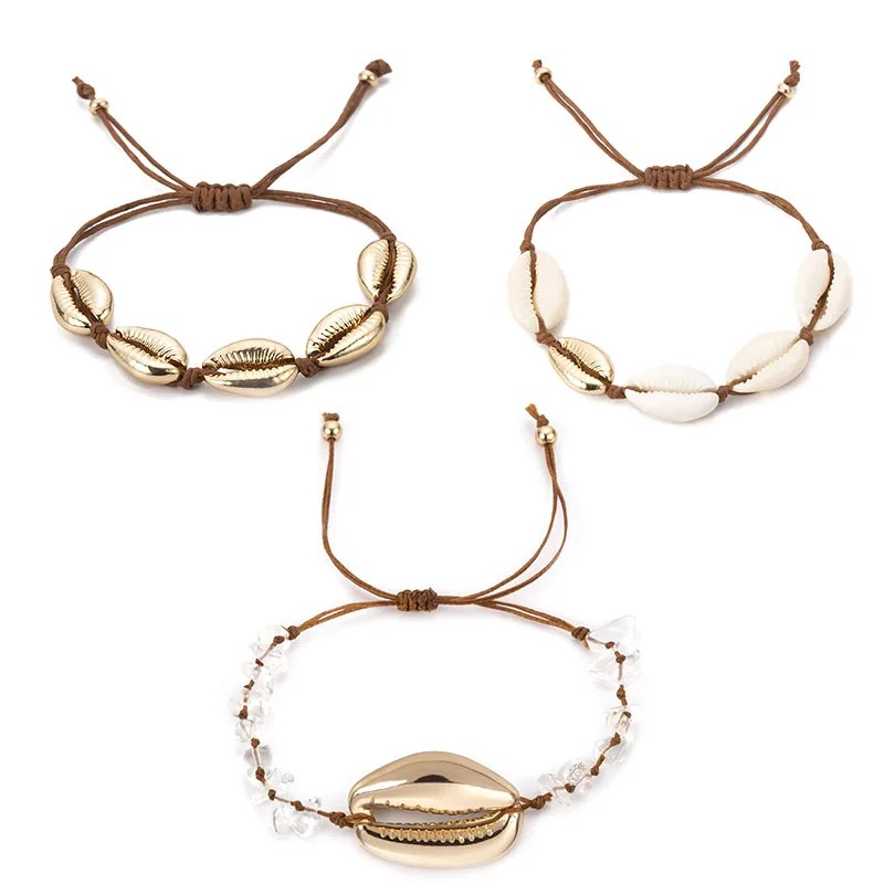 SRCOI Gold Color Big Cowrie Shell Bracelets Delicate Rope Chain Adjustable Bracelet Beads Charm Bohemian Beach Jewelry | Украшения и