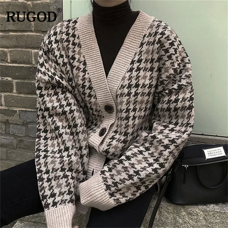 RUGOD винтажные Модные клетчатые женские кардиганы 2018 новые v-образный вырез