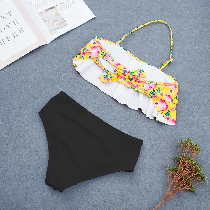 

2019 High Waist Bikini Set Sexy Halter Ruffle Swimwear Women flamingo Swimsuit Printed Girl Swim Wear Beach Bathing Suit Biquin