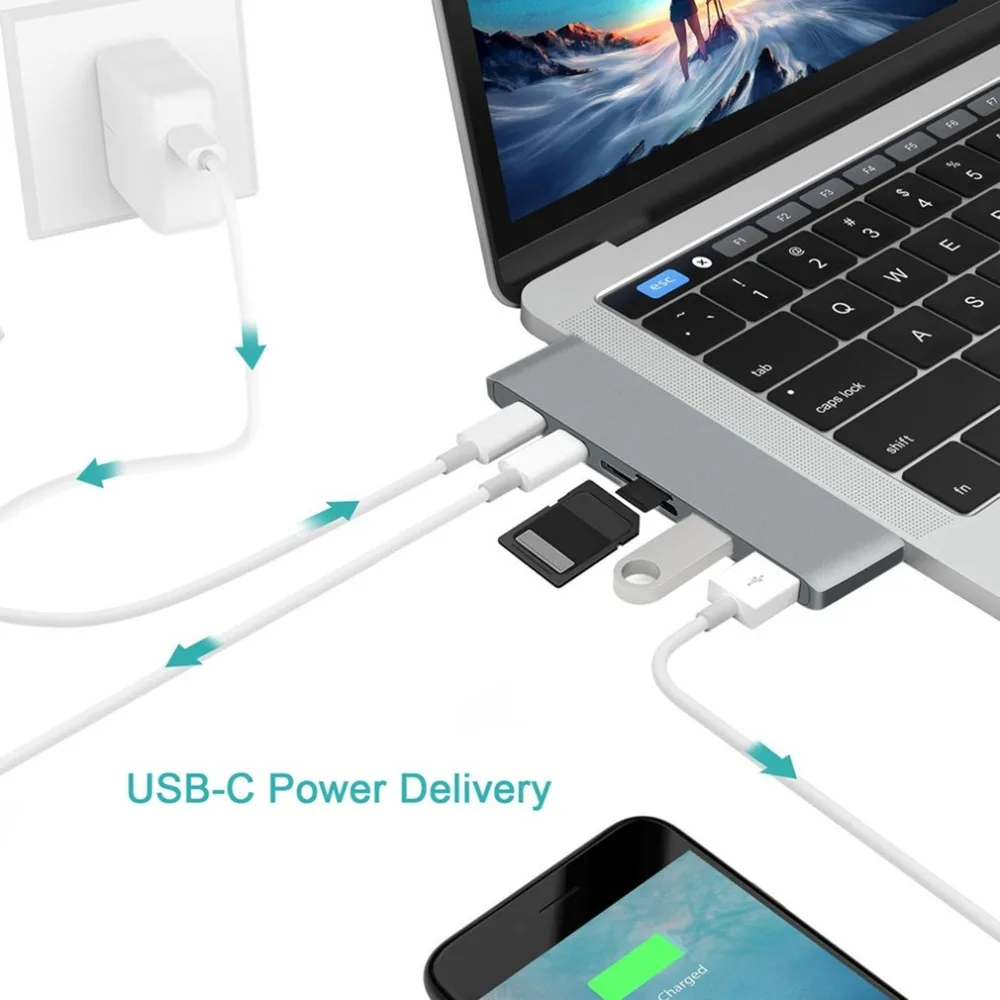 Onleny Dual type-C USB3.0 порты концентратор комбинированный кард-ридер PD Зарядка 4 к HD 6 в 1 конвертер адаптер для 1" 15" MacBook Pro