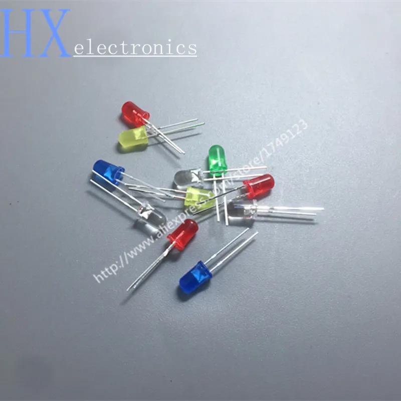 

Free shipping total 100pcs 5mm Light White Yellow Red Green Blue LEDs each 20PCS
