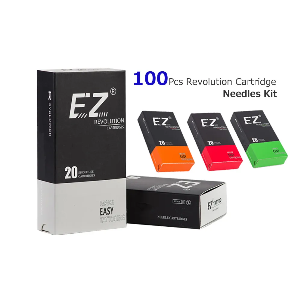 100 PCS Assorted New EZ Revolution Tattoo Needle Cartridges Kits Liner Shader Magnum Tattoo Supply for Rotary Machine and Grips
