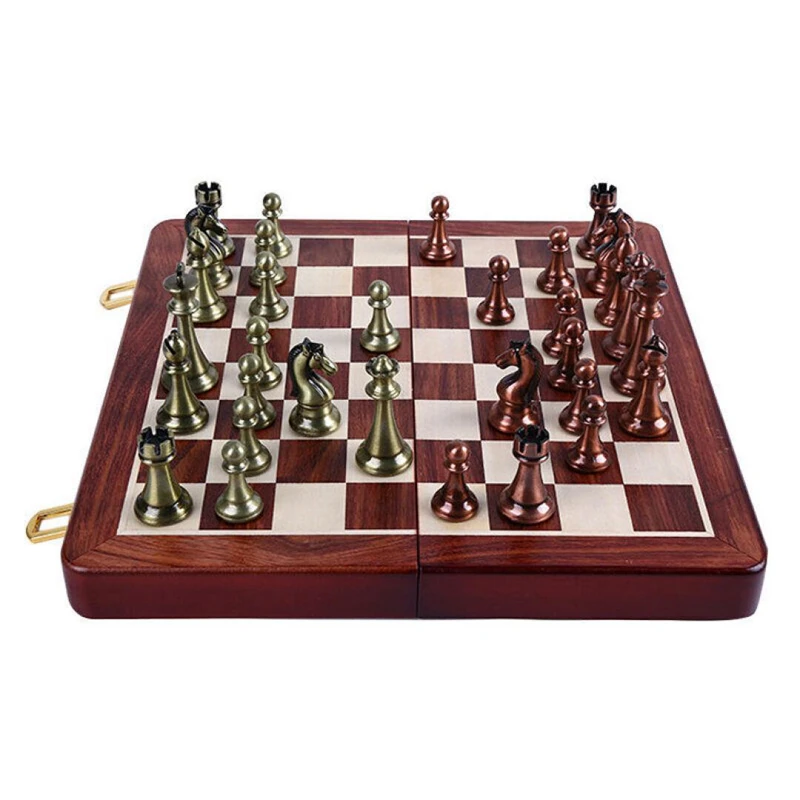 

High-end Retro Alloy Chess Pieces Wooden Folding Chessboard Chess Game Set King 6.5cm Best gift for Leaders Friends Family