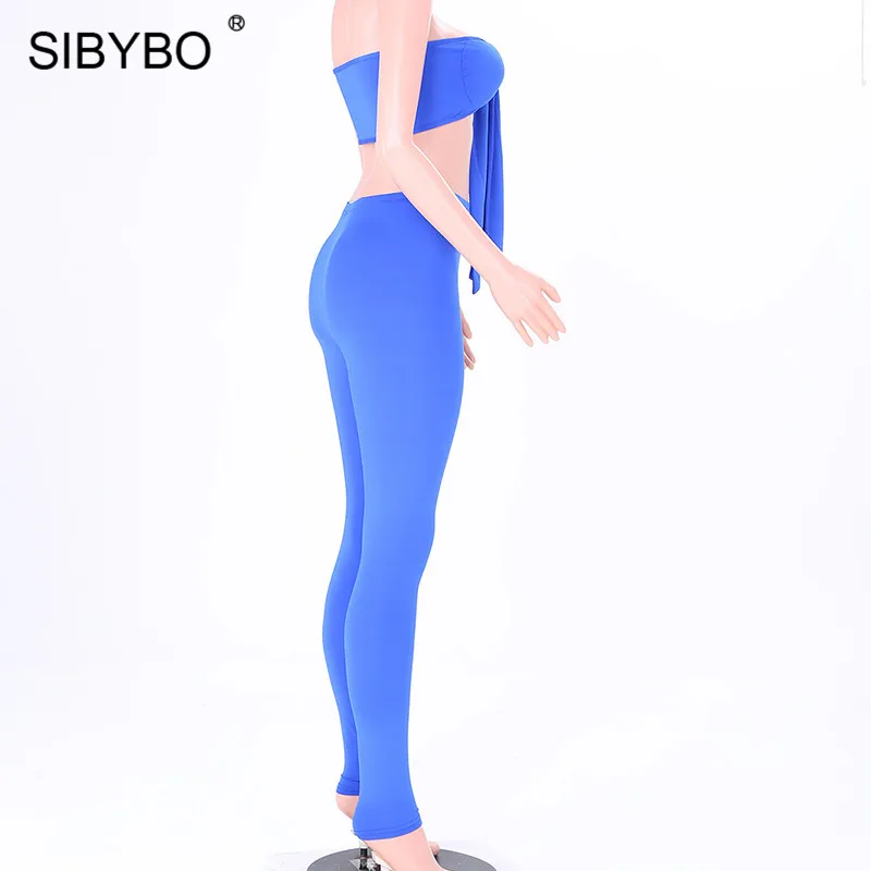 Sibybo с открытыми плечами завязанный сексуальный укороченный топ и штаны комплект без бретелек с высокой талией летний комплект из двух предметов Женский комплект с открытой спиной