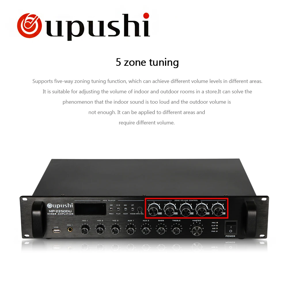 OUPUSH MP 2250DU 5 зонный Профессиональный усилитель мощности 250 Вт с USB SD картой FM