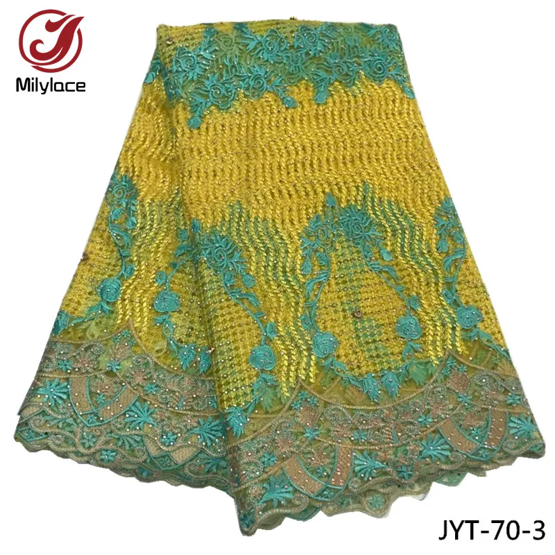 Желтая и зеленая кружевная ткань с камнями 5 ярдов высокого класса платье
