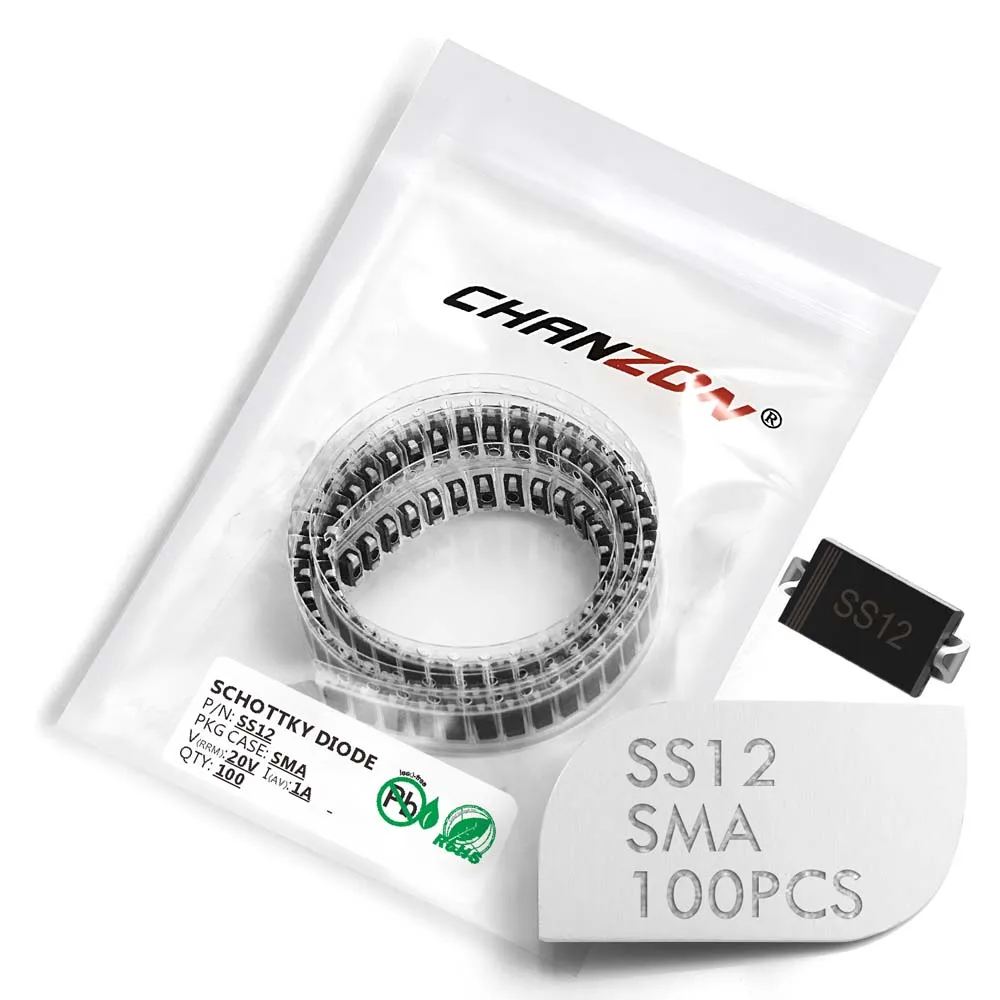 100 шт.) SS12 SMD шлаковый Барьерный выпрямитель диоды для подавления переходных скачков напряжения 1A 20 V SMA(DO-214AC) 1 Ампер 20 вольт