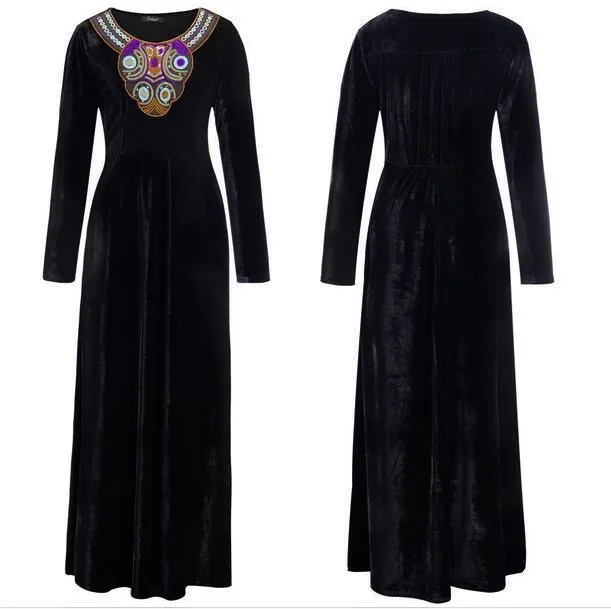 2017 вельветовые длинные платья с вышивкой и круглым вырезом для Mujer женские
