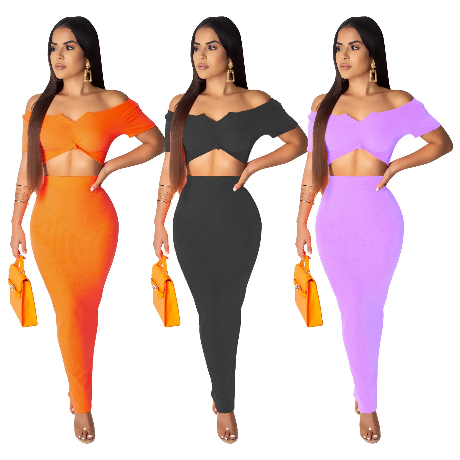 Летний женский костюм с юбкой 2019 Кроп топ рукавами и одним плечом юбка карандаш