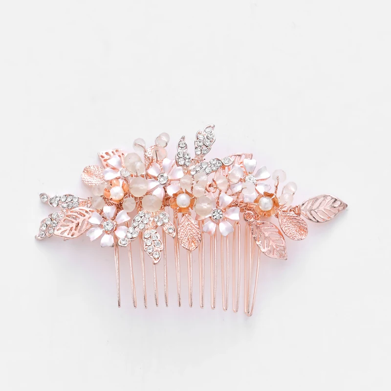 

SLBRIDAL Rose Gold Crystal Rhinestone Flower Leaf Wedding Jewelry Hair Comb Bridal Headpieces Hair Accessories Bridesmaids Women